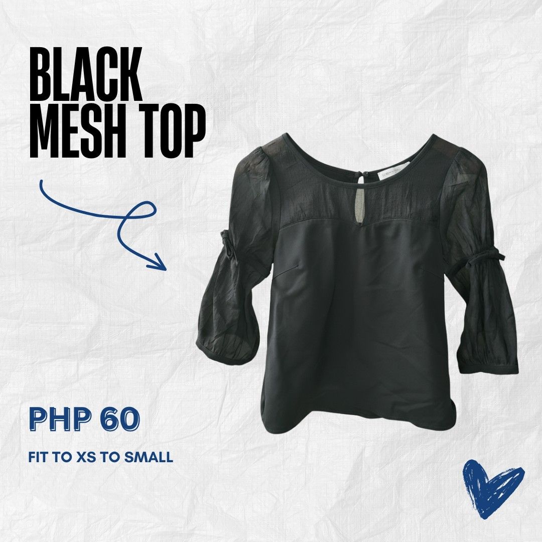 Black Mesh Top (Category: Blouses) located in Manila. Submitted by declutter_s (Listing ID 1416784937, Image 1). Description: Black mesh top. Features a keyhole detail at the back and 3/4 sleeves with a slight flare. Fits XS to Small. Perfect for a casual yet stylish look. Ribbon accent..