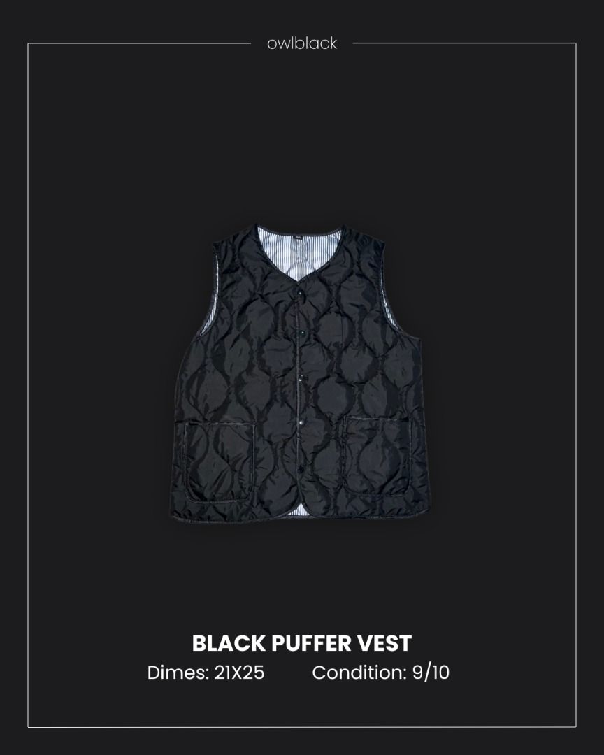 Black Puffer Vest (Category: Vests) located in Manila. Submitted by owl_black (Listing ID 1416714666, Image 1). Description: Black puffer vest ❗️ Price: 250 ❗️ Dimes: 21x25 ❗️ Size: Medium ❗️ Condition: 9 ❗️ Colorate: 10 ❗️ Issue: 🚫 .