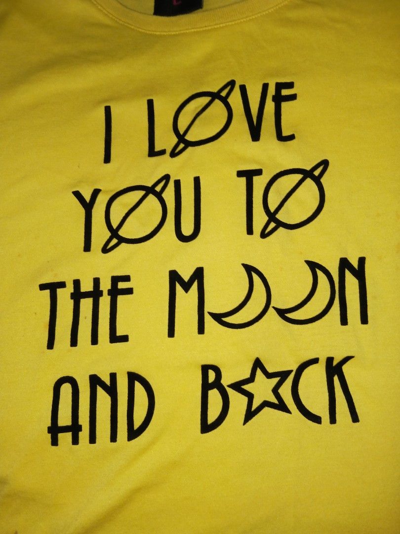 BNY Jeans Yellow Graphic Tee - Large (Category: Tshirts & Polo Shirts ) located in Naga. Submitted by havenaid (Listing ID 1416783435, Image 3). Description: Bright yellow graphic tee with a cute “I love you to the moon and back” print. The color is still vibrant and the shirt is structurally okay despite its age. Please note: this is an older shirt and has visible stains. I’m not sure if the stains are washable, so selling as-is. Still good for 