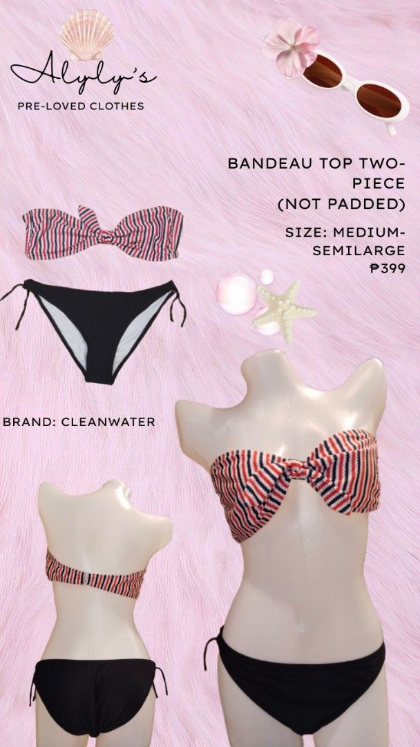 Cleanwater Bandeau Top Two-Piece Bikini (Category: Bikinis & Swimsuits) located in Manila. Submitted by alyly28 (Listing ID 1416763551, Image 1). Description: Cleanwater bandeau top two-piece bikini. Features a striped top and black bottoms. The top is not padded. Size is medium-semilarge. Perfect for your next beach trip! Get yours now!.