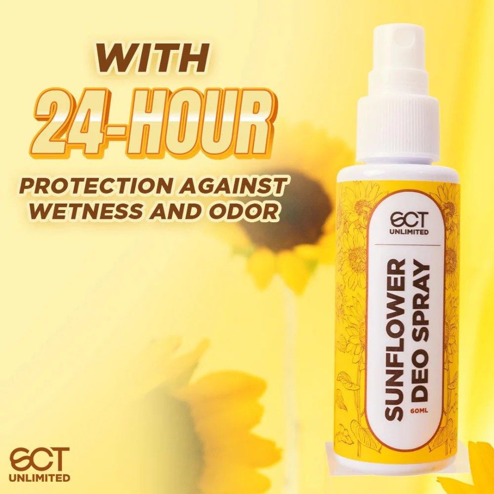 ECT Unlimited Sunflower Deo Spray 60ml (Category: Fragrance & Deodorants) located in Paranaque City. Submitted by margandarefics (Listing ID 1416749025, Image 1). Description: - 24-hour protection from wetness and odor - 60ml spray bottle - All-day freshness - Convenient spray format - Features a sunflower design.