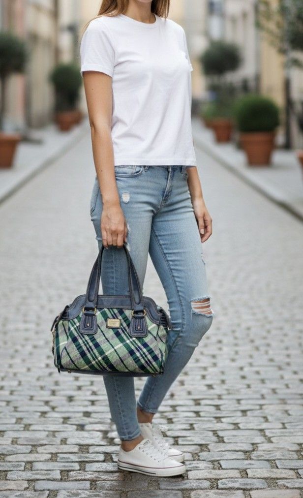E-Land University Classic Hand Bag (Category: Luxury Bags & Wallets) located in Baguio. Submitted by PreiLoveMaria (Listing ID 1416827393, Image 1). Description: Classic Eland Univ Plaid Handbag Capture that British college style with this unique satchel! This Eland Univ bag features a stylish green and navy plaid canvas body with navy leather trim and sturdy top handles. Perfect for everyday use. Condition: Good used condition, well-maintained w