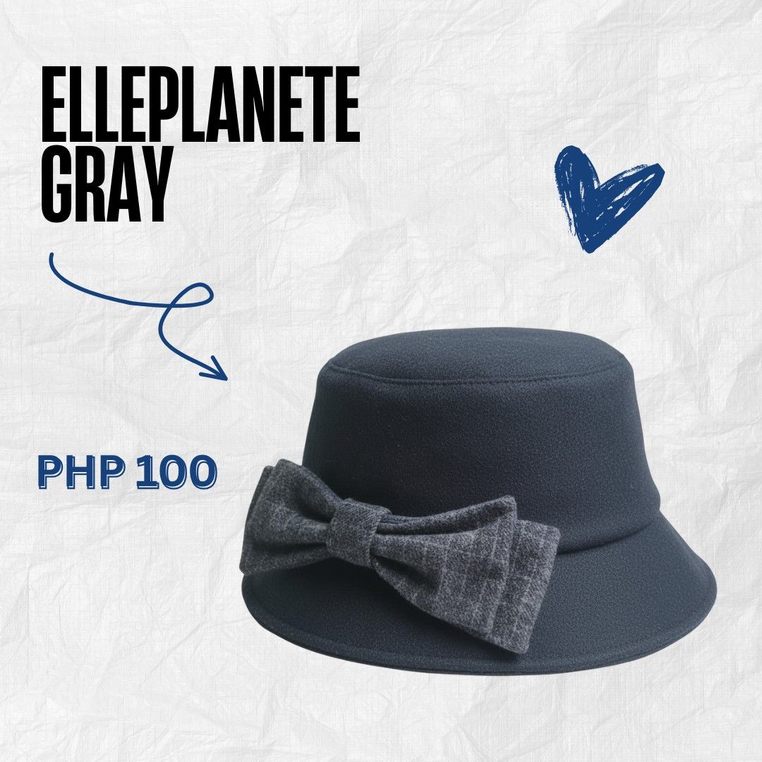 Elle Planete Gray Bucket Hat (Category: Hats & Beanies) located in Manila. Submitted by declutter_s (Listing ID 1416783454, Image 1). Description: - Elle Planete bucket hat - Color: Gray - Features a decorative bow - Adds elegance to your look - Great for sun protection or fashion - Suitable for everyday wear and special occasions.