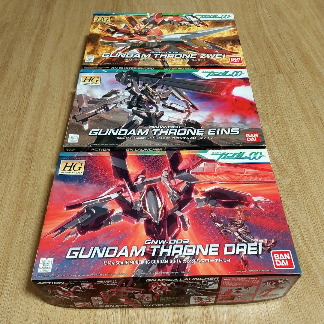 Bundle Gunpla HG Team Trinity Gundam (Category: Gundam Model Kits) located in Singapore. Submitted by dokimos.hobby (Listing ID 1411915099, Image 1). Description: Only available as a bundle. All runners still sealed. Contains 3 HG kits: Gundam Throne Eins, Gundam Throne Drei and Gundam Throne Zwei..