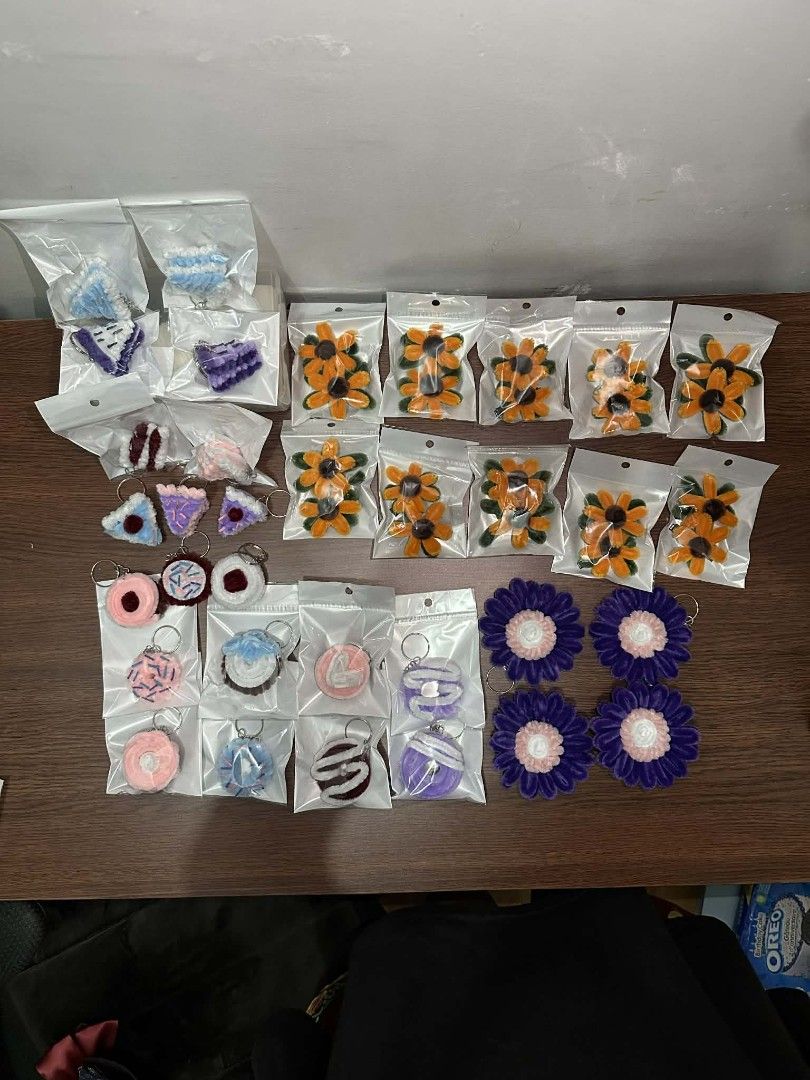 Handmade Crochet Keychains - Flowers, Cake, Donuts (Category: Handmade Craft) located in Quezon City. Submitted by biblionatic (Listing ID 1416762062, Image 1). Description: fuzzy wire flowers, sliced cakes, mirrors and doughnuts. 40- 60 price range.
