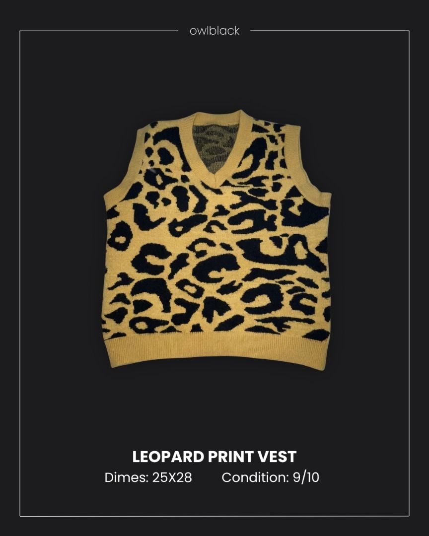 Leopard Print Vest (Category: Vests) located in Manila. Submitted by owl_black (Listing ID 1416705433, Image 1). Description: Leopard Print Vest ❗️ Price: 700 ❗️ Dimes: 25x28 ❗️ Size: XL-XXL ❗️ Condition: 9 ❗️ Colorate: 10 ❗️ Issue: 🚫 .