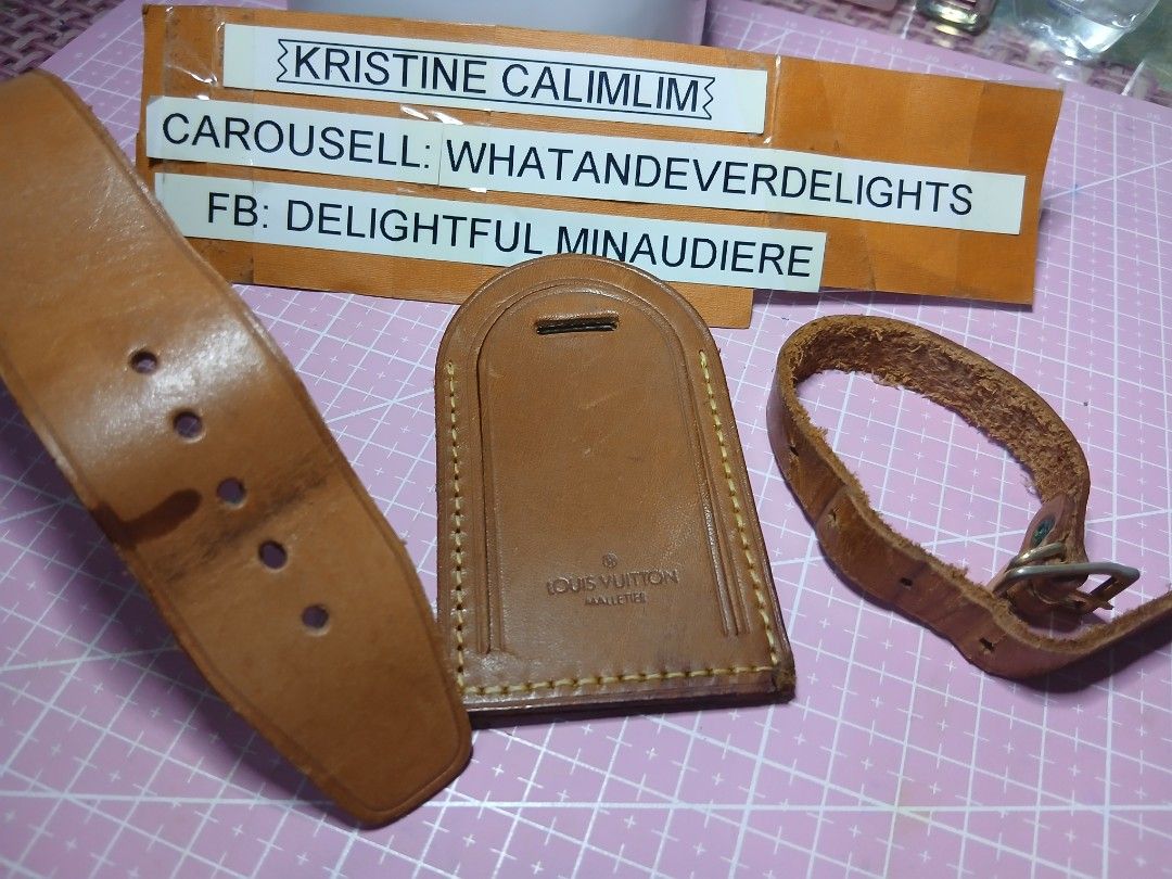 Louis Vuitton Luggage Tag with Strap (Category: Luxury Bags & Wallets) located in San Pedro. Submitted by whatandeverdelights (Listing ID 1416642060, Image 1). Description: - Authentic Louis Vuitton luggage tag - Includes strap with buckle and longer strap - Features Louis Vuitton logo and "Made in France" stamp - Leather shows some wear - Adds a touch of luxury to your luggage - All sales final.