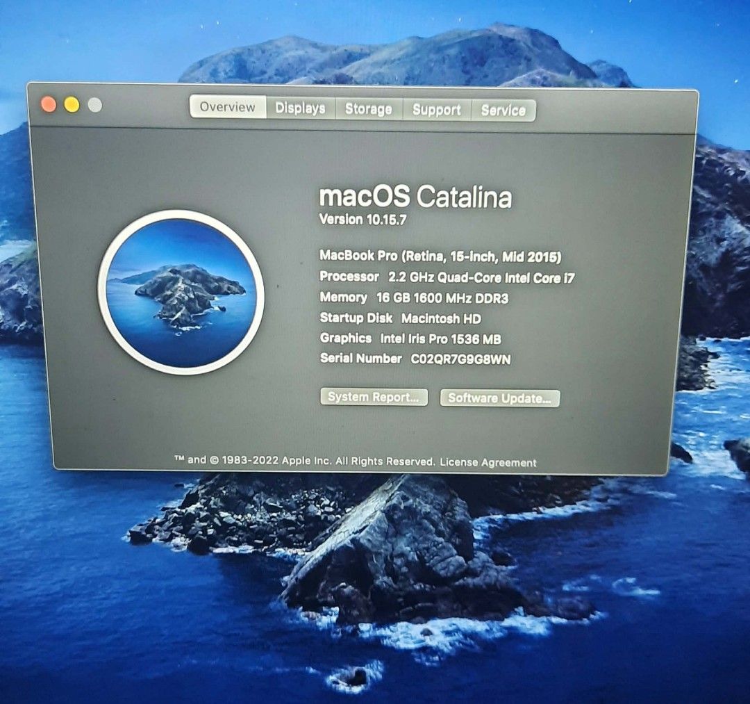 MacBook Pro (Retina, 15-inch, Mid 2015) (Category: Laptops & Notebooks) located in Las Pinas. Submitted by younggem.d97325 (Listing ID 1416695710, Image 2). Description: MacBook Pro with a 15-inch Retina display. It runs on macOS Catalina. Features a 2.2 GHz Quad-Core Intel Core i7 processor, 16 GB of memory, and Intel Iris Pro 1536 MB graphics. The serial number is C02QR7G9G8WN. The model identifier is MacBookPro11,4. Issue: No Battery (Needs to