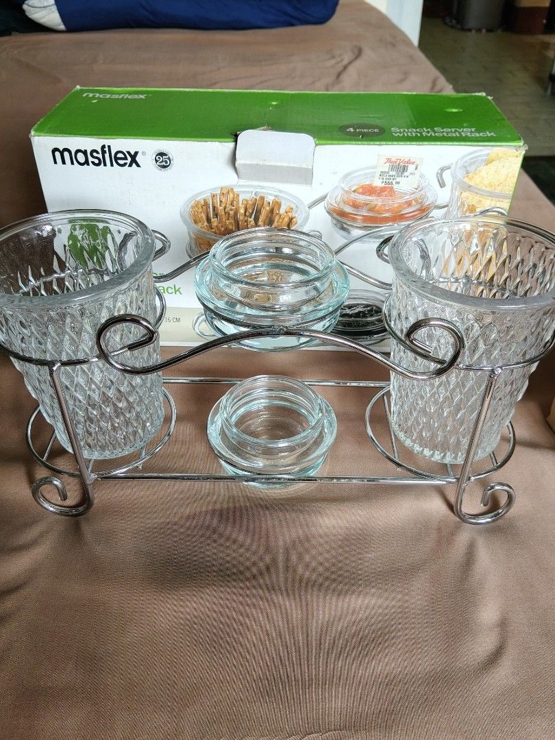 Masflex 4-Piece Snack Server with Metal Rack (Category: Food Organization & Storage) located in Manila. Submitted by namaste888 (Listing ID 1416706417, Image 2). Description: - Masflex 4-piece snack server - Includes metal rack and containers - Comes with lids for dips/sauces - Perfect for parties and everyday use - Size: 32 x 10 x 16 cm.