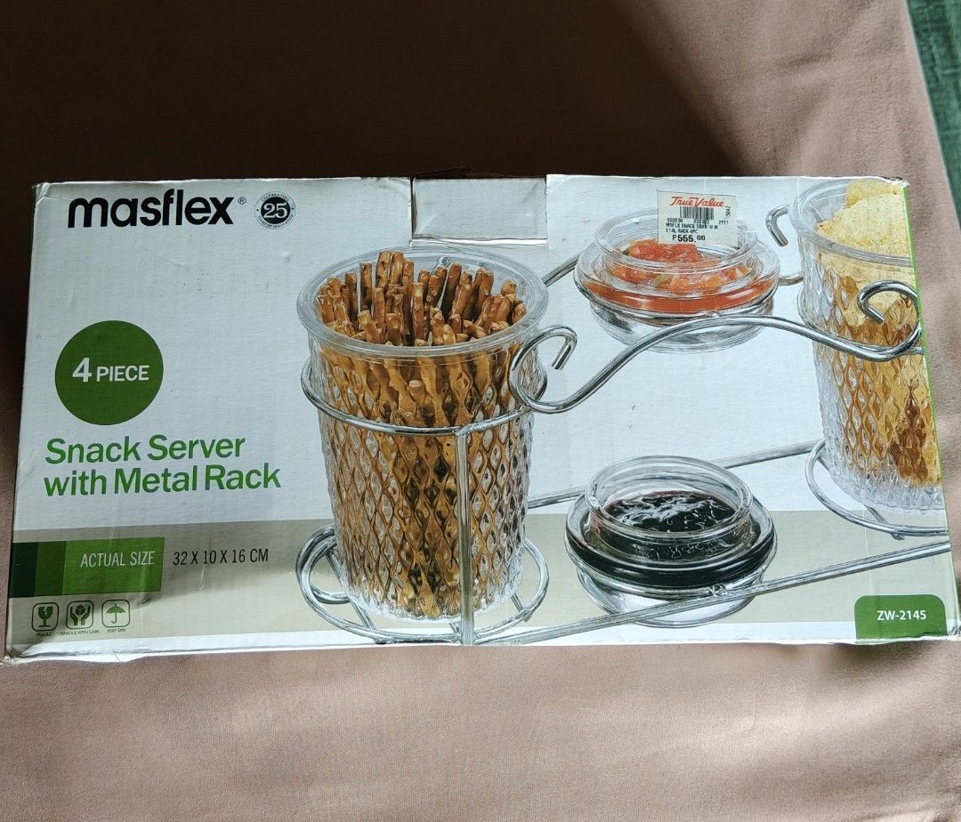 Masflex 4-Piece Snack Server with Metal Rack (Category: Food Organization & Storage) located in Manila. Submitted by namaste888 (Listing ID 1416706417, Image 1). Description: - Masflex 4-piece snack server - Includes metal rack and containers - Comes with lids for dips/sauces - Perfect for parties and everyday use - Size: 32 x 10 x 16 cm.
