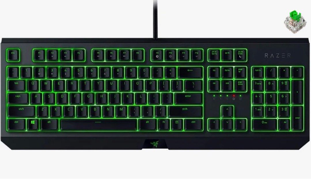 Razer Blackwidow Ultimate Mechanical Keyboard with Green Backlight (no box) (Category: Computer Keyboard) located in Taguig. Submitted by clasq17 (Listing ID 1416755792, Image 1). Description: - Razer mechanical keyboard - Green LED backlighting - Full-sized layout with number pad - Mechanical switches for tactile feedback - Black keycaps with green illuminated legends - Wired connection.
