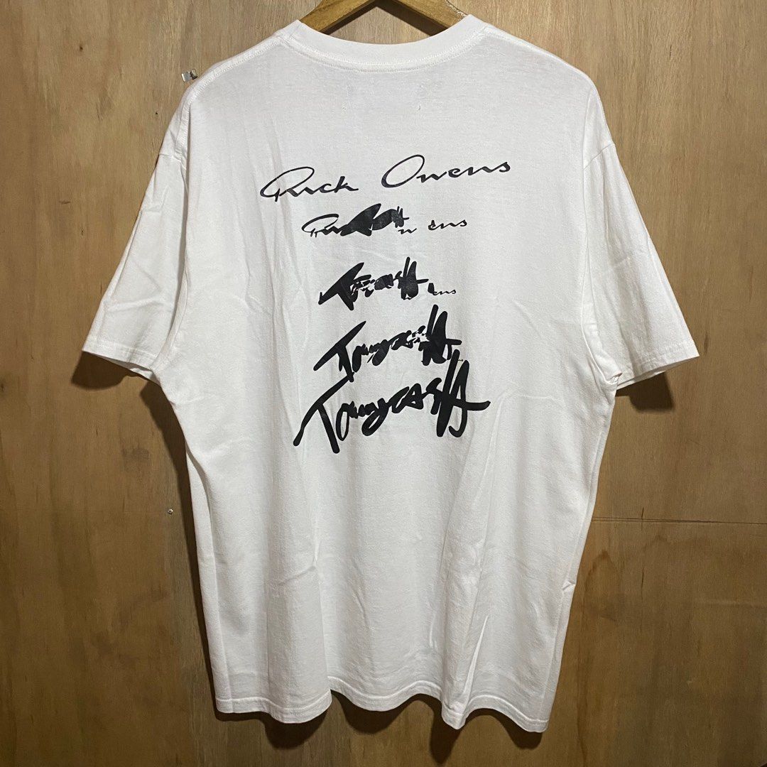 Rick Owens x Tommy Cash (Category: Tshirts & Polo Shirts ) located in Manila. Submitted by drp4drp (Listing ID 1416698597, Image 2). Description: Length: 29 Width: 23 Honest issue: see the photos - Rick Owens white t-shirt - Features: - Signature on front - Multiple signatures on back - Rick Owens logo tag - Style: Crew neck, short sleeves - Material: Cotton.