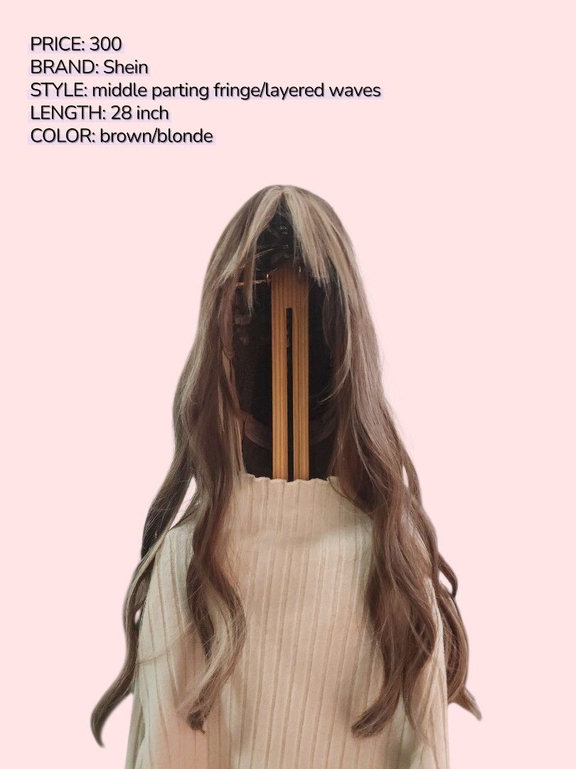 Shein Middle Parting Fringe Layered Waves Wig (Category: Hair Accessories) located in Taguig. Submitted by cwonlinestore (Listing ID 1416775233, Image 1). Description: Shein wig with middle parting fringe and layered waves. It is 28 inches long and features a brown and blonde color combination. The wig has a natural look and is suitable for various occasions. It is styled with a middle part and has a fringe. The wig is designed to be easy to wear