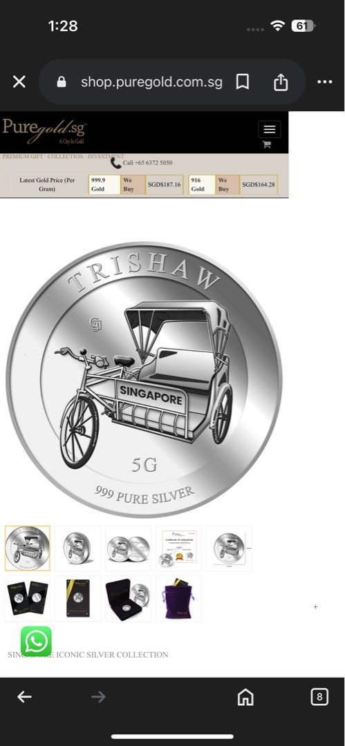 Silver Coin Bouillon SG Trishaw (Category: Currency) located in Tarlac. Submitted by vectorreyes (Listing ID 1416694153, Image 1). Description: -999% pure silver -from puregold singapore mint -bought October 2025 -with Certificate from SG - no.23 of 5000 -uncirculated -5g -bought for 88SGD now 108SGD but still selling for 88SGD - 4,070₱ October forex rate. -silver investment .
