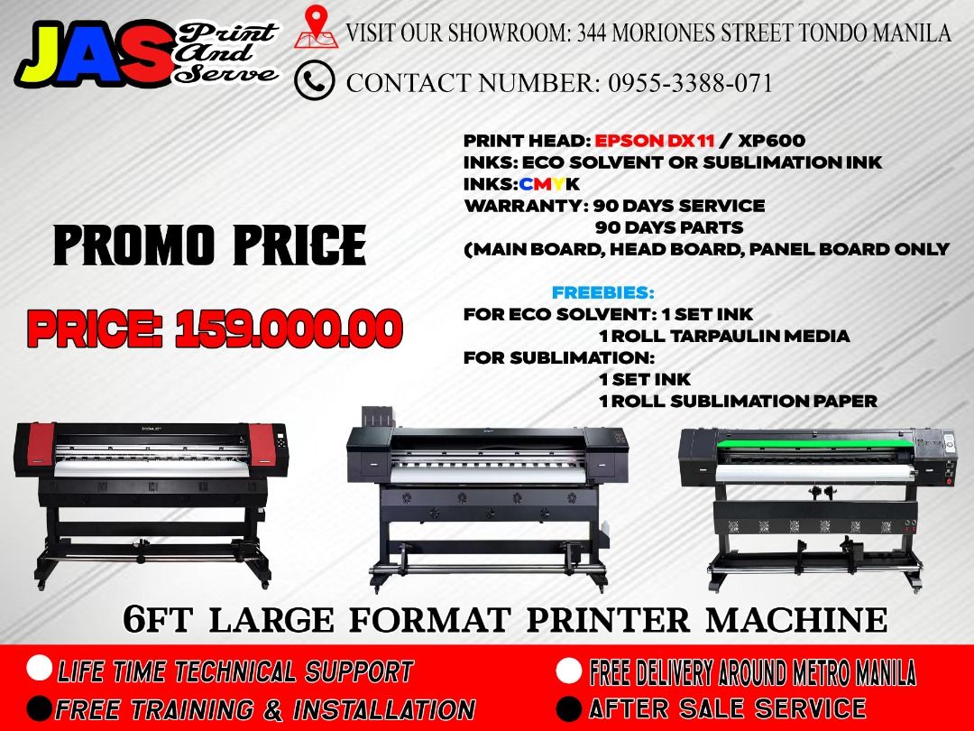 TARPAULIN MACHINE FREE TRAINING INSTALLATION (Category: Printers, Scanners & Copiers) located in Manila. Submitted by melvinflor41363 (Listing ID 1416650547, Image 1). Description: SUPPLIER HERE! WE ARE LEGIT SUPPLIER OF LARGE FORMAT PRINTER MACHINE Price Starts @ Php159,000 We are legit supplier of Brand New DX11, Dual Head DX11 & i3200 Tarpaulin Sublimation Printer Machine 6ft and 10ft, Brand New Laser Cutter and Brand New Cutter Plotter, Brand