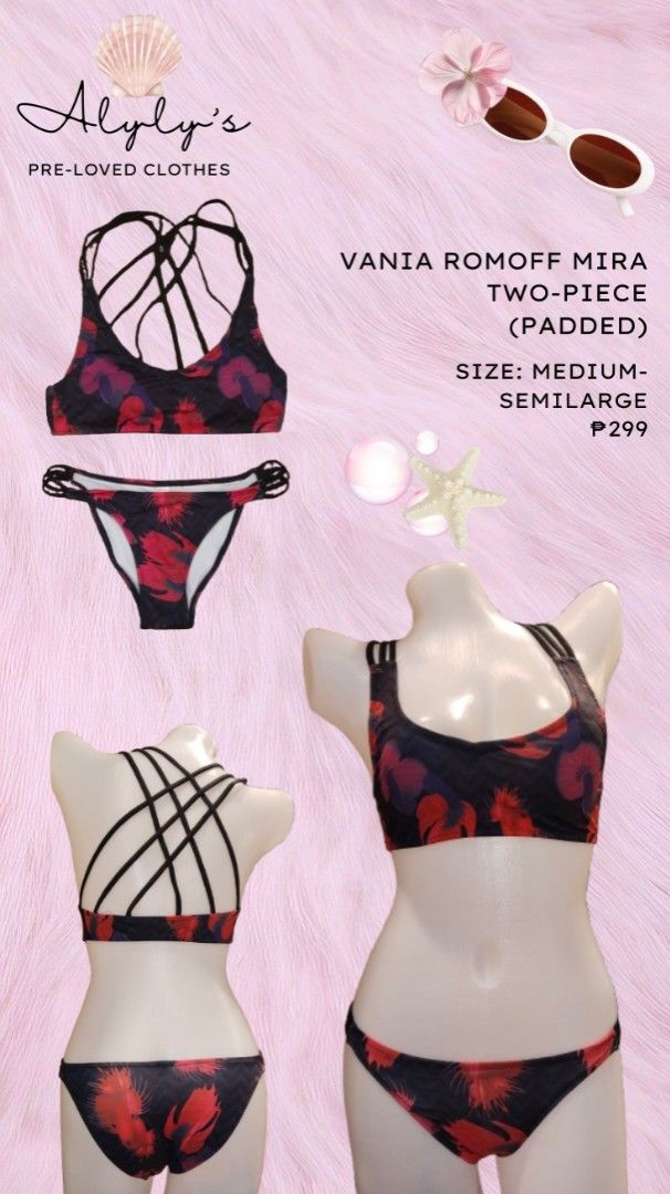 Vania Romoff Mira Two-Piece Bikini (Category: Bikinis & Swimsuits) located in Manila. Submitted by alyly28 (Listing ID 1416762503, Image 1). Description: Vania Romoff Mira bikini. Black base with red floral pattern. Padded top, medium-semilarge size. Perfect for beach or pool..