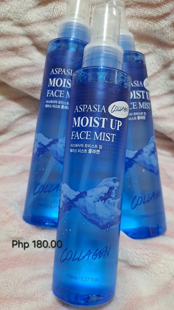 Aspasia Moist Up Face Mist Collagen (Category: Face Care) located in Baguio. Submitted by Zibs_Collection (Listing ID 1416894004, Image 2). Description: - Aspasia Moist Up Face Mist with Collagen - 150ml / 6.27 fl. oz. - Hydrates and moisturizes the face. - Comes in a blue bottle..