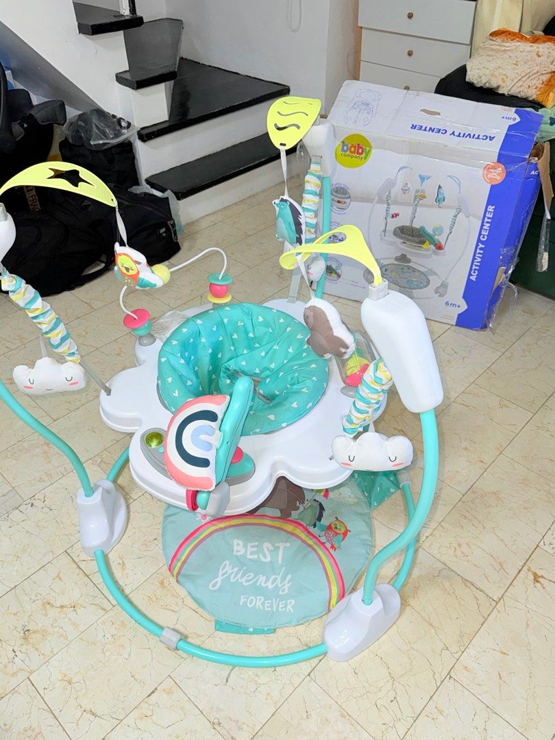 Baby Company Activity Center (Category: Infant Playtime) located in Marikina City. Submitted by legitfindph (Listing ID 1416905362, Image 2). Description: Bought for 5,000 @ toys r us Good as new, with box, working yung music na may mga buttons. With free battery nadin. Barely used 1 month lang nilabas. RFS: Maaga naglakad si baby - Baby Company activity center - For babies 6 months and up - Cloud-shaped design - Features hanging toys - Rotating 