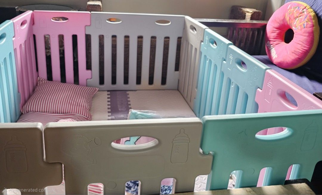 Baby Playpen with Door (Category: Infant Playtime) located in Paranaque City. Submitted by mystuffmel (Listing ID 1415316253, Image 3). Description: - Colorful design with pink, blue, and gray panels - Features a door for easy access - Includes window-shaped cutouts - Made of durable plastic - Creates a safe play area for babies and toddlers -14 panels and 2 doors MOP:GCASH only item on hand NO COD.
