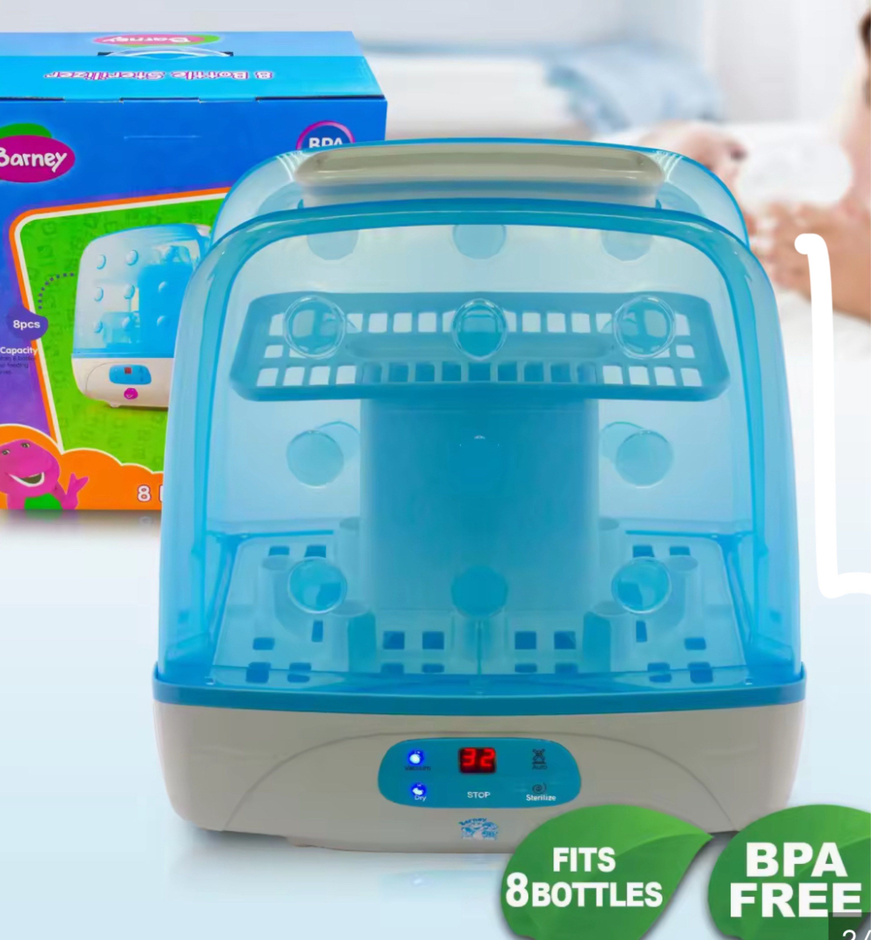Barney Bottle Sterilizer (Category: Breastfeeding & Bottle Feeding) located in Manila. Submitted by declutterb (Listing ID 1416897008, Image 1). Description: - Sterilizes up to 8 bottles - Digital display - Blue and white color scheme - BPA-free.