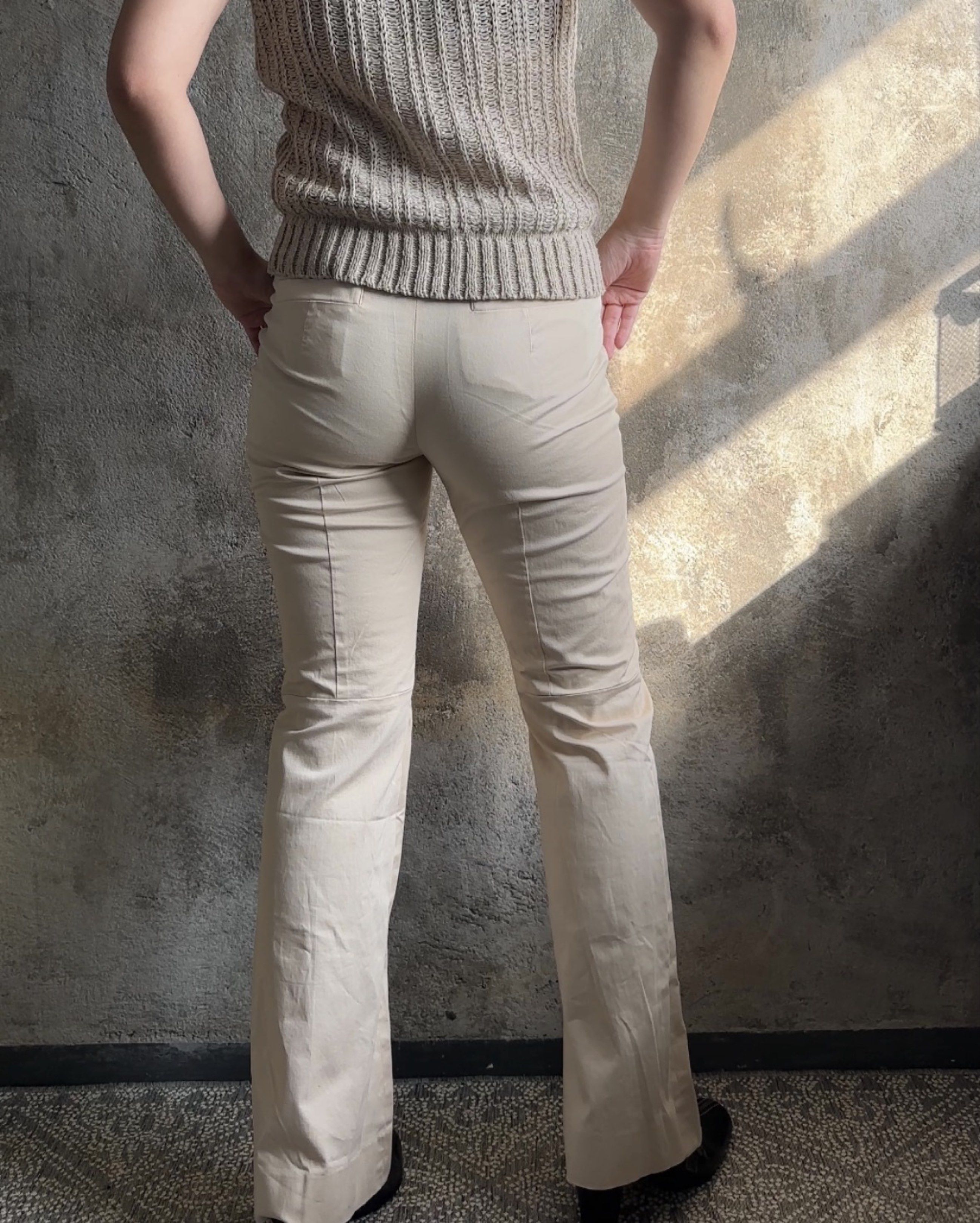 Beige flare y2k pants (Category: Other Bottoms) located in Mandaluyong City. Submitted by _twice.nice (Listing ID 1416965946, Image 2). Description: Very flattering flare pants. Sew detail on the backleg of the pants. Fabric is semi stretch. tags: cop copine, paloma wool, jos mundo, dkny, bcbg, maxmara, office siren.