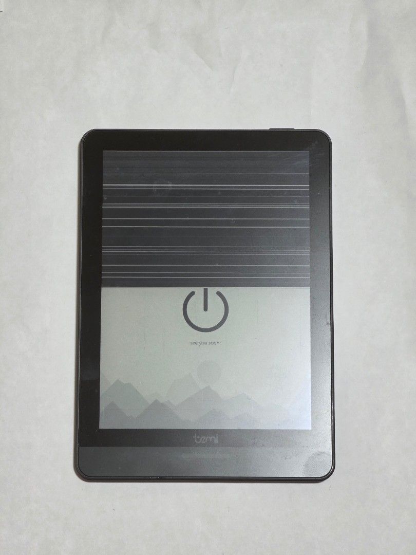 Bemi E-reader - Screen Damaged (Category: E-Readers) located in Singapore. Submitted by sierra78 (Listing ID 1416979866, Image 1). Description: - Bemi e-reader - Bought for 6 months and kid dropped it - Screen damaged with vertical lines - Partial display unusable - Device powers on - Sold as-is for parts or repair.