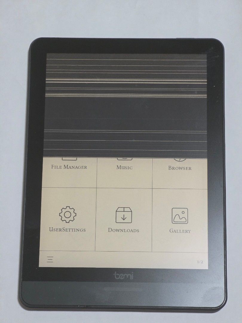 Bemi E-reader - Screen Damaged (Category: E-Readers) located in Singapore. Submitted by sierra78 (Listing ID 1416979866, Image 3). Description: - Bemi e-reader - Bought for 6 months and kid dropped it - Screen damaged with vertical lines - Partial display unusable - Device powers on - Sold as-is for parts or repair.