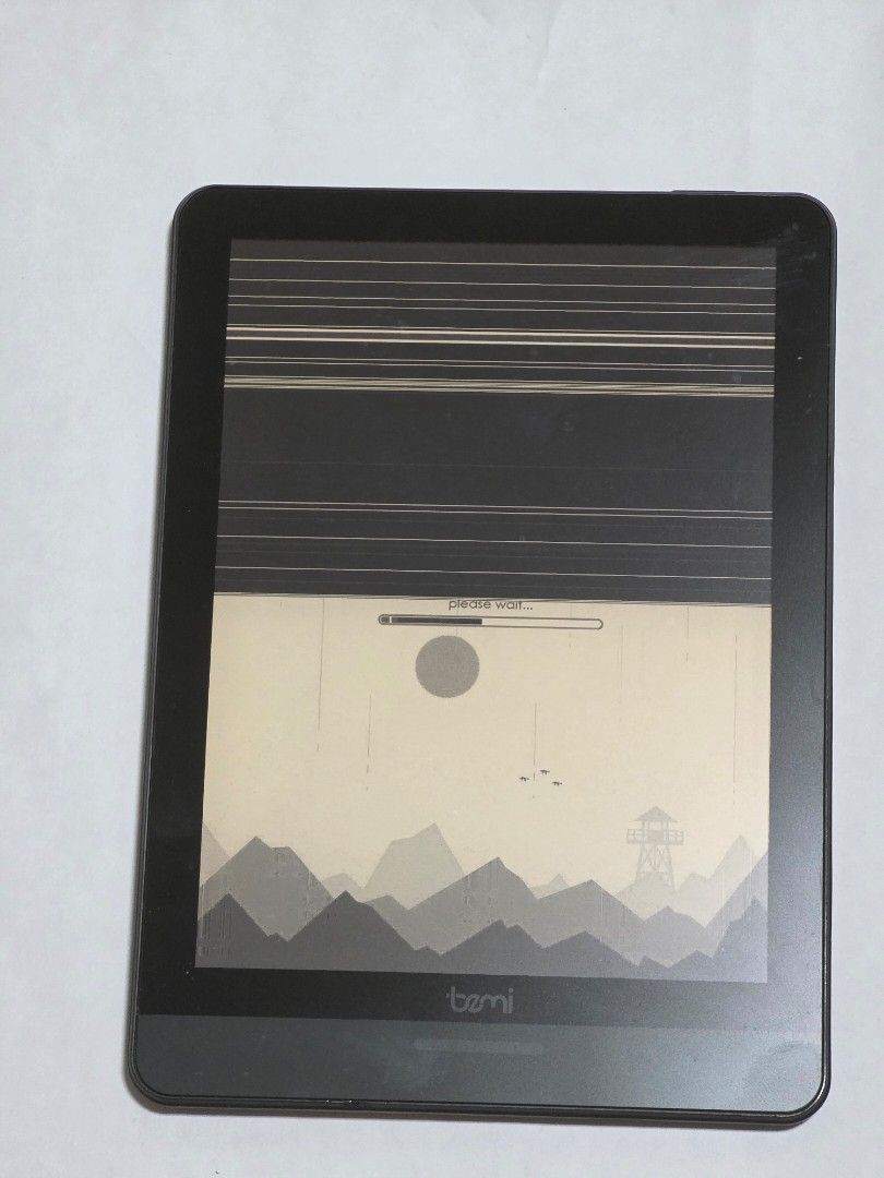 Bemi E-reader - Screen Damaged (Category: E-Readers) located in Singapore. Submitted by sierra78 (Listing ID 1416979866, Image 2). Description: - Bemi e-reader - Bought for 6 months and kid dropped it - Screen damaged with vertical lines - Partial display unusable - Device powers on - Sold as-is for parts or repair.