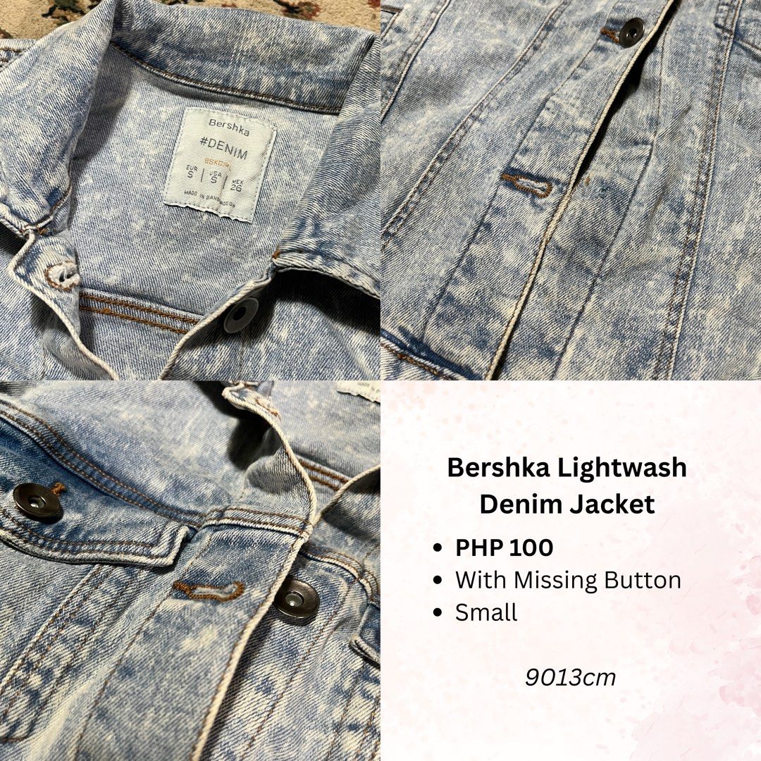 Bershka Lighwash Authentic Denim Jacket (Category: Coats, Jackets and Outerwear) located in Manila. Submitted by 9013cm (Listing ID 1416960887, Image 2). Description: With 1 missing button Size SMALL, fits xs-s ₱100 ❗️Please read the TERMS AND CONDITIONS before transacting MOP: GCash, Maya, or cash upon meet up (NO COD) MOD: J&T, Lalamove, or meet up around Dapitan area only Location: Sampaloc Manila.
