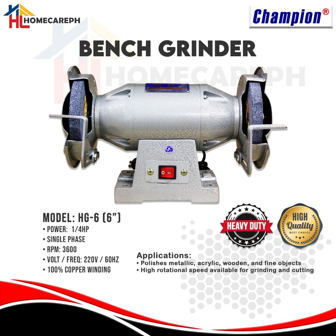 Champion Bench Grinder HG-6 (6 inches) (Category: Construction Tools & Equipment) located in Manila. Submitted by homecareph (Listing ID 1300686972, Image 1). Description: 01-21-2026 ✅For Sale !!! ✅Retail / Wholesale ✅CHAMPION BENCH GRINDER ✅Model: HG-6 (6 inches) ● Power: 1/4 HP ● Voltage: 220V - 250V ● Frequency: 60Hz ● Rpm: 3600 ✅Quality Guaranteed ✅Heavy Duty ✅For pick-up, our office warehouse is located at Zobel St. , Ermita, Manila Open fro