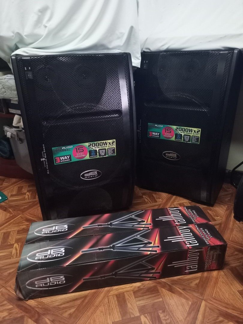 DB Audio 15" 2000W 3-Way Speakers (Category: Soundbars, Speakers & Amplifiers) located in Quezon City. Submitted by paconcillo (Listing ID 1416884639, Image 1). Description: - Pair of DB Audio 15" 3-way speakers - 2000W power per speaker - Includes sturdy speaker stands - Comes with speaker cables (banana plugs) - Ideal for events and home audio - Ready to use!.