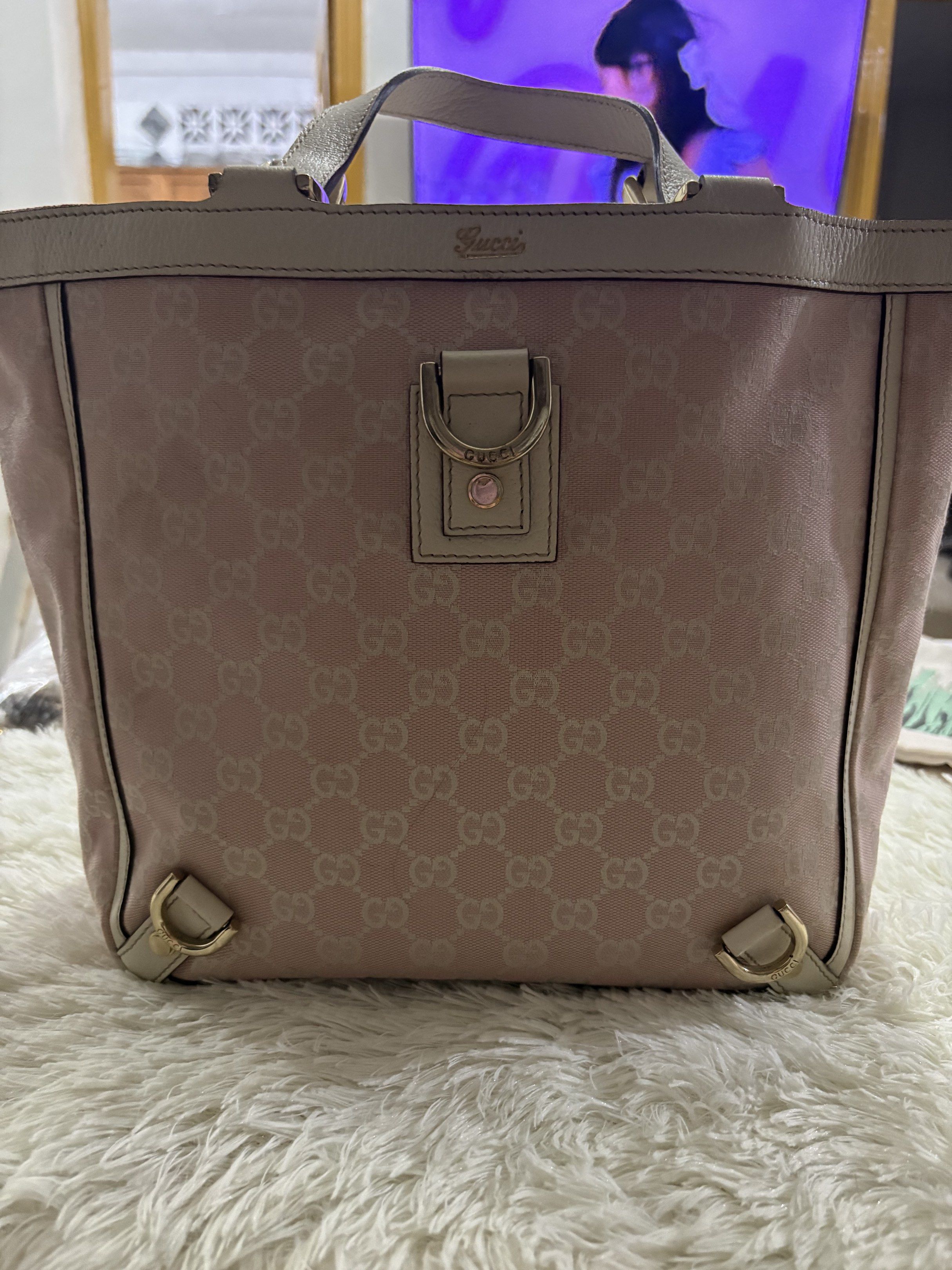 Gucci Abbey D-ring tote bag (Category: Luxury Bags & Wallets) located in Paranaque City. Submitted by shopofashopaholic (Listing ID 1417006880, Image 1). Description: Authentic, original Gucci Abbey D-ring tote bag in pink GG canvas and leather trim .