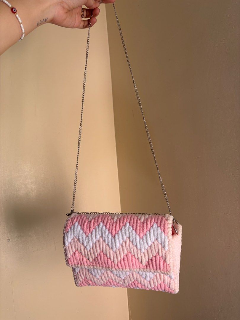 Handmade Pink Knitted Chain Coquette Bag (Category: Shoulder Bags) located in Abucay. Submitted by zsielliii (Listing ID 1416854718, Image 3). Description: -2 Way Bag - Silver chain strap -Coquette - Clean and spacious interior -Used twice -Negotiable -FREE SHIPPING.