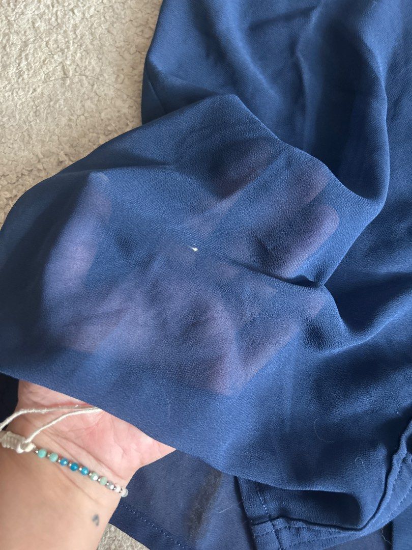 H&M Divided Navy Blue Blouse (Category: Blouses) located in Taguig. Submitted by rcdeclutter (Listing ID 1416912500, Image 2). Description: - H&M Divided navy blue blouse - Collared neckline - Button-down front - Short sleeves - Size 34 - Slightly sheer fabric.