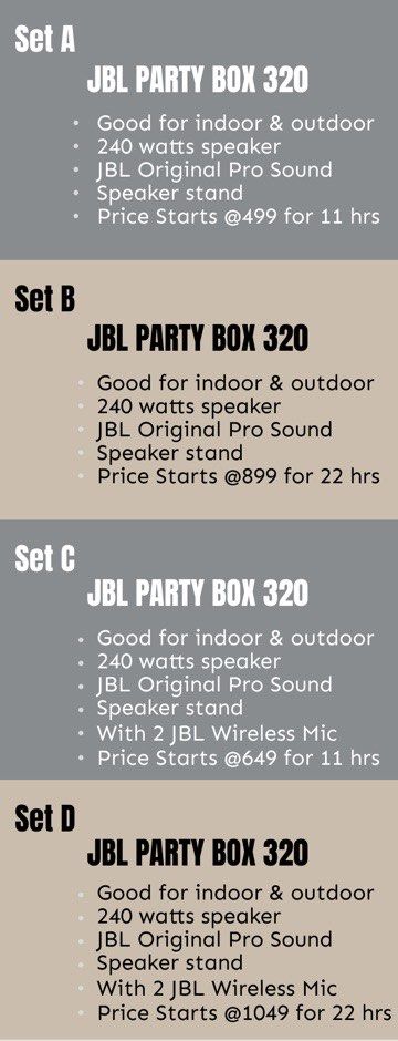 JBL Party Box 320 Speaker Rental (Category: Soundbars, Speakers & Amplifiers) located in General Mariano Alvarez. Submitted by donnabeys (Listing ID 1416981265, Image 3). Description: FOR RENT ONLY! JBL 320 with wireless mic Paliparan 1 to paliparan 3 Dasmarinas only .