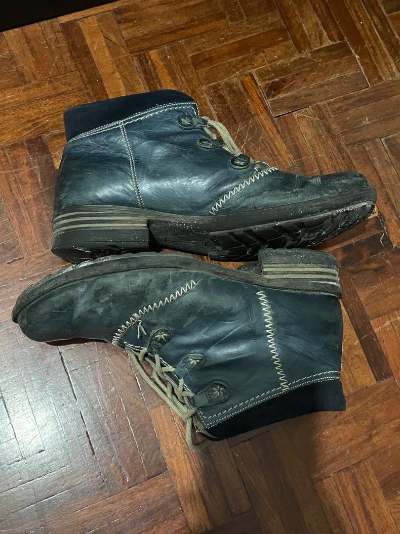 Josef Seibel Leather Ankle Boots (Category: Boots) located in Paranaque City. Submitted by spjuane (Listing ID 1416940093, Image 3). Description: Thrifted and used in Canada - Fits my size US8/8.5 (mens) - Extremely durable, needs wiping down/cleaning only - Josef Seibel ankle boots - Leather upper - Lace-up closure - Round toe - Low heel - Dark blue color - Softly lined interior.