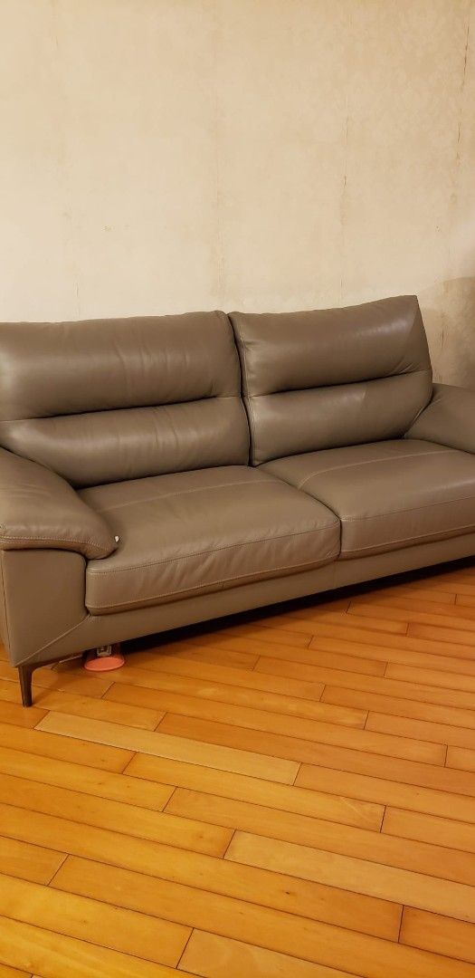 Leather Sofa （分類：梳化）位於 Hong Kong。 由 cehag 提交（商品編號 1416985708，圖片 1）。簡介： Leather sofa features a two-seater design with a sleek, modern aesthetic. It has a neutral grey color, making it versatile for various interior styles. The sofa has wooden legs and a comfortable, padded back and armrests.。