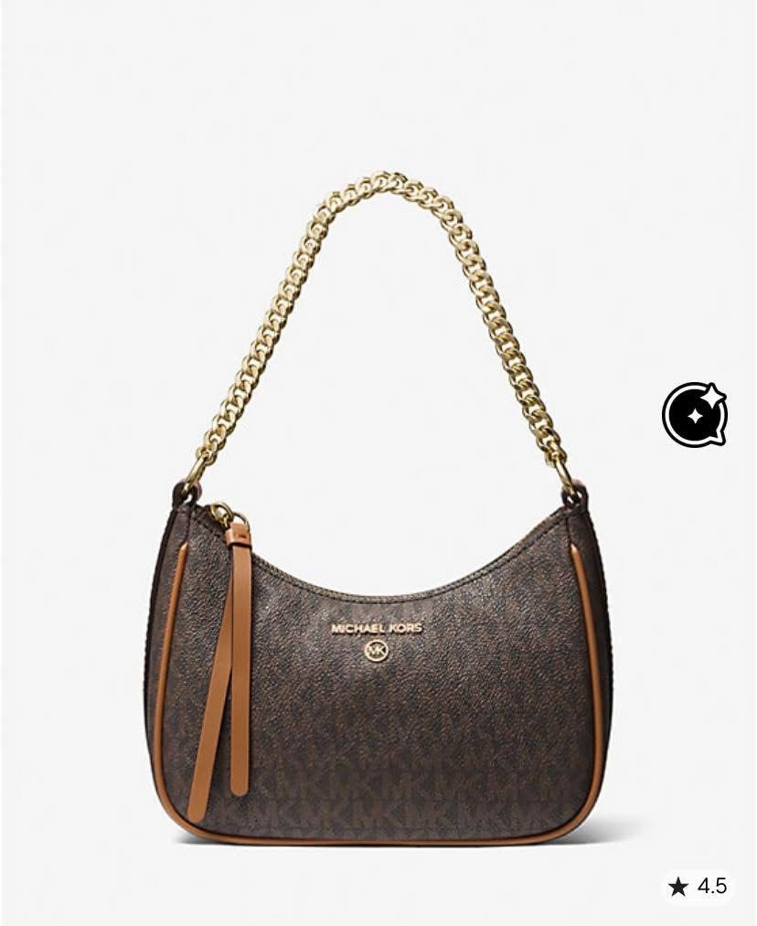 MK Jet Set Charm Small Logo Pochette (Category: Luxury Bags & Wallets) located in Valenzuela. Submitted by euphoriaessentials.co (Listing ID 1417012151, Image 2). Description: MK Jet Set Charm Small Logo Pochette On hand and Ready to Ship / Lalamove Color: Brown Description: • Shoulder bag • Logo-print canvas • 69% coated canvas/17% polyester/13% cotton/1% polyurethane • Trim: 100% leather • Gold-tone hardware • 8”W X 6”H X 3”D • Handle drop: 8.5
