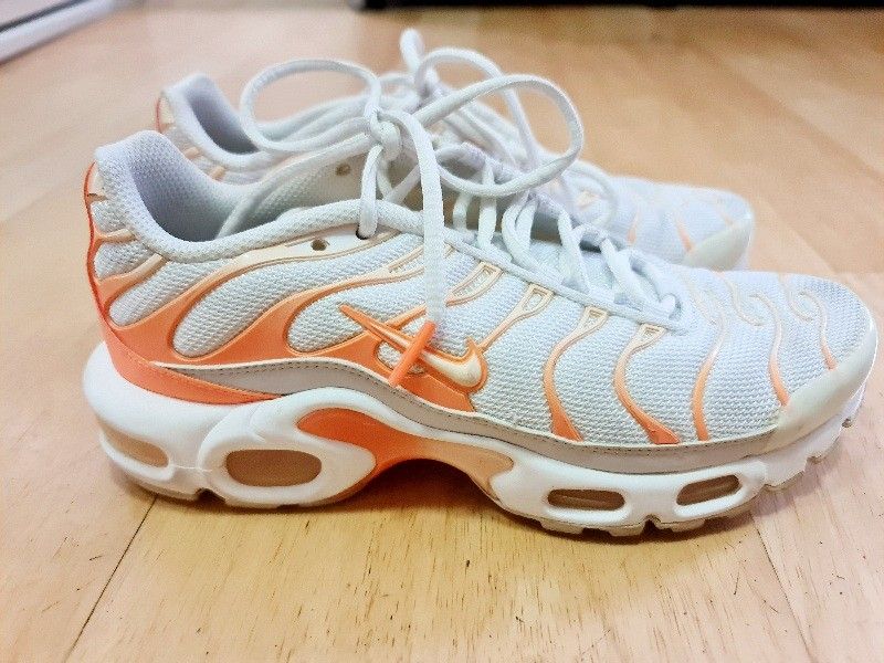 Nike Air Max Plus TN Sneakers In White Orange(US6,EUR36.5) (Category: Women's Shoes) located in Sydney. Submitted by desirably (Listing ID 1416922064, Image 2). Description: Nike Air Max Plus TN sneakers in white and orange(US6, UK3.5, EUR36.5) for $150. Worn twice&in excellent condition. Great and comfy for lifestyle wear, casual outfits, or training. Would suit teenage girls as well! Pick up from Marrickville. Pls feel free to check out my othe