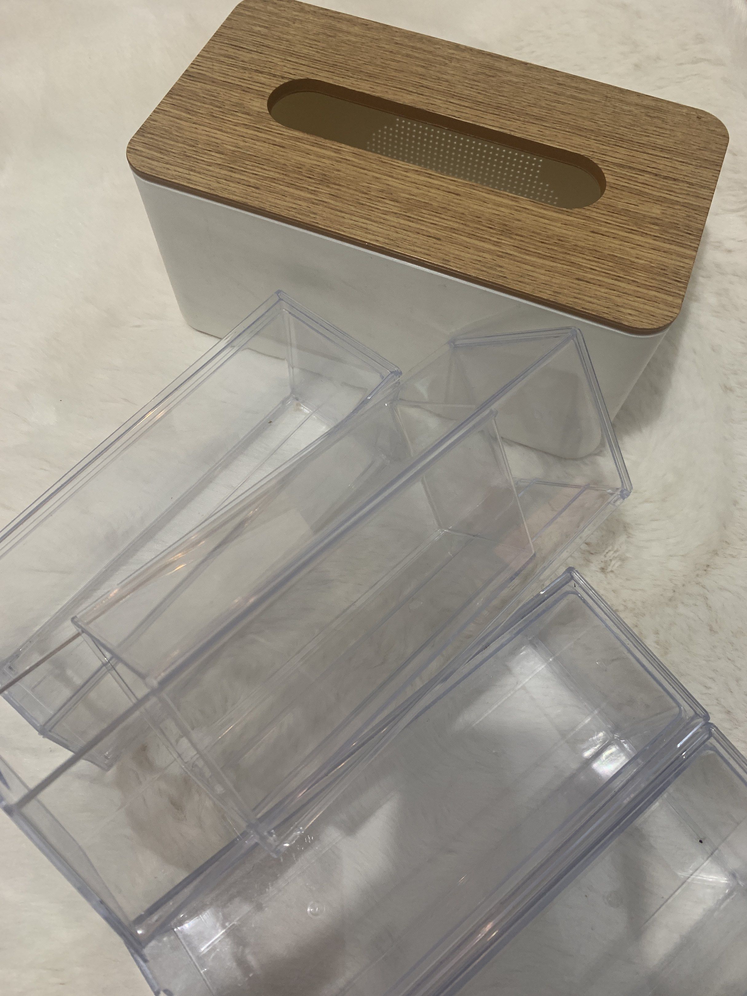 Organizer + Tissue Holder (Category: Storage Boxes & Baskets) located in Manila. Submitted by ayarayaaa (Listing ID 1416877144, Image 1). Description: TAKE ALL - Organizer + Tissue set - Modern design - White base with wood-look lid - Includes clear organizers .