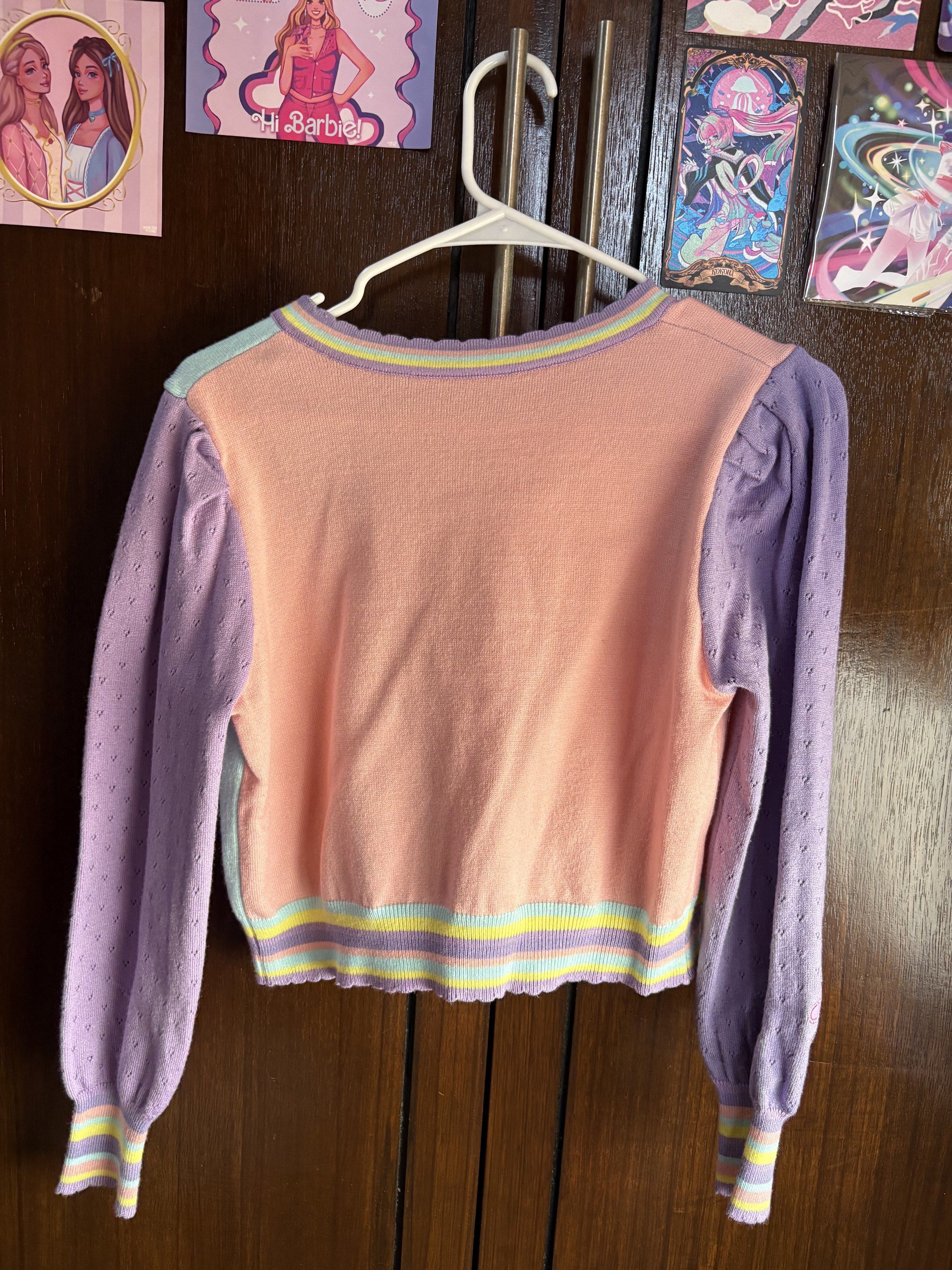 Pastel Colorful Patchwork Colorblock Cardigan (Category: Coats, Jackets and Outerwear) located in Quezon City. Submitted by softibloom (Listing ID 1416874918, Image 2). Description: 💲 Price: ₱400 + Shipping 👉 Shipping is shouldered by the buyer ✏️ Product Notes: — Bought in 🍊 shop in 2024 (See Pic 3) — Large on tag but fits a Medium • SIZE REF: Am an L-XL usually & it is fitted on me with little breathing room. — Colorful & vibrant IRL! — Mate