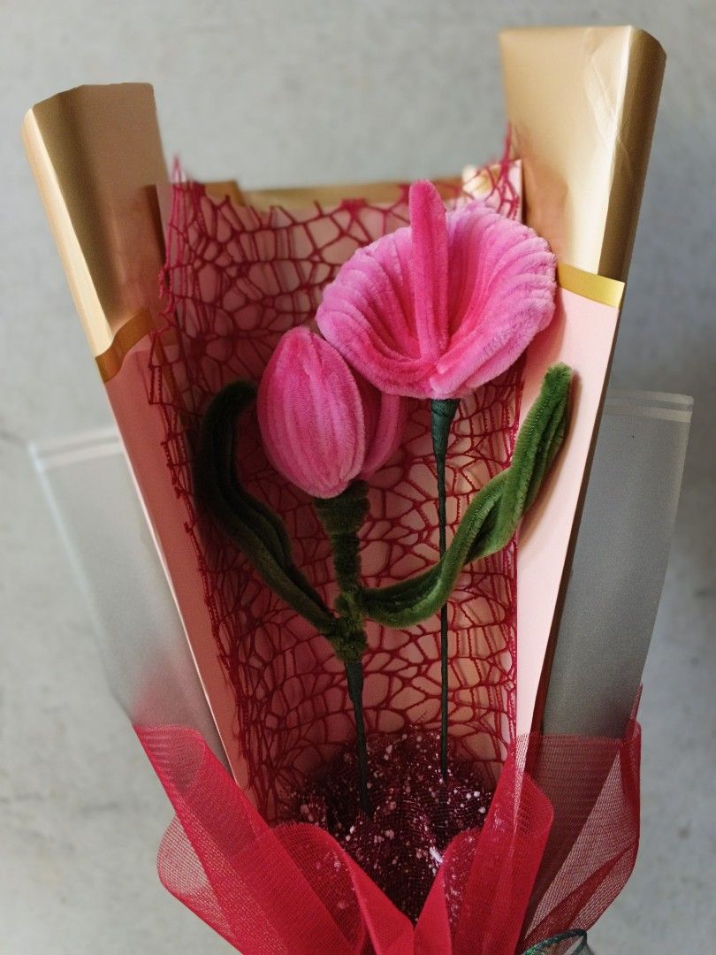 Pink Tulip Bouquet (Category: Flowers & Bouquets) located in Manila. Submitted by mncfuturea99126 (Listing ID 1416948226, Image 3). Description: Beautiful pink tulip bouquet, perfect for gifting or decorating. Features two pink tulips with green stems, wrapped in red mesh and clear cellophane. The bouquet is tied with a green and iridescent ribbon. The wrapping includes gold-colored paper.( 2 flower bouquet) you can choose rose,tulips,Lily, anthu