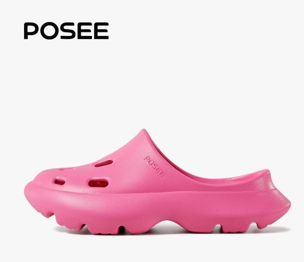 Posee Fushia Pink Clogs (Category: Slippers and slides) located in Bocaue. Submitted by michellesell_2 (Listing ID 1417000228, Image 2). Description: These pink clogs feature a chunky platform sole and a slip-on design. They have multiple ventilation holes on the upper. The brand name "Posee" is visible on the insole. These clogs are perfect for casual wear and offer a comfortable fit. - NOT USED. NEW. .