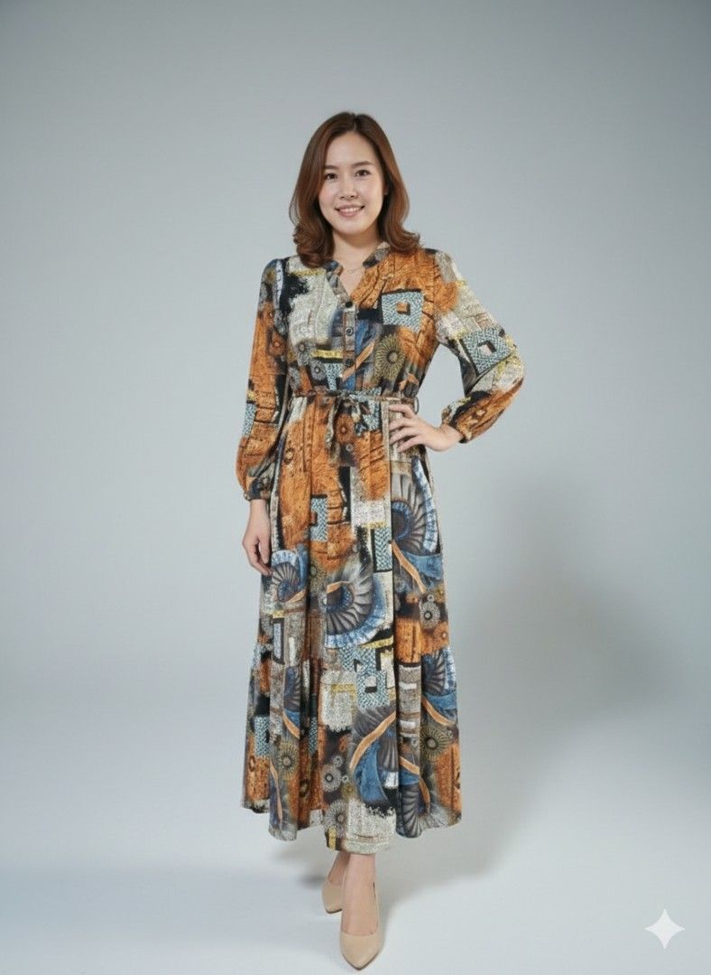 Printed Dress (Category: Dresses) located in Silang. Submitted by a.r.a_15 (Listing ID 1415095208, Image 1). Description: - Unique print in orange, blue, and white - Collared neckline - Fitted silhouette - Lightweight fabric - Short sleeves - Knee-length hemline - Cinched waist.
