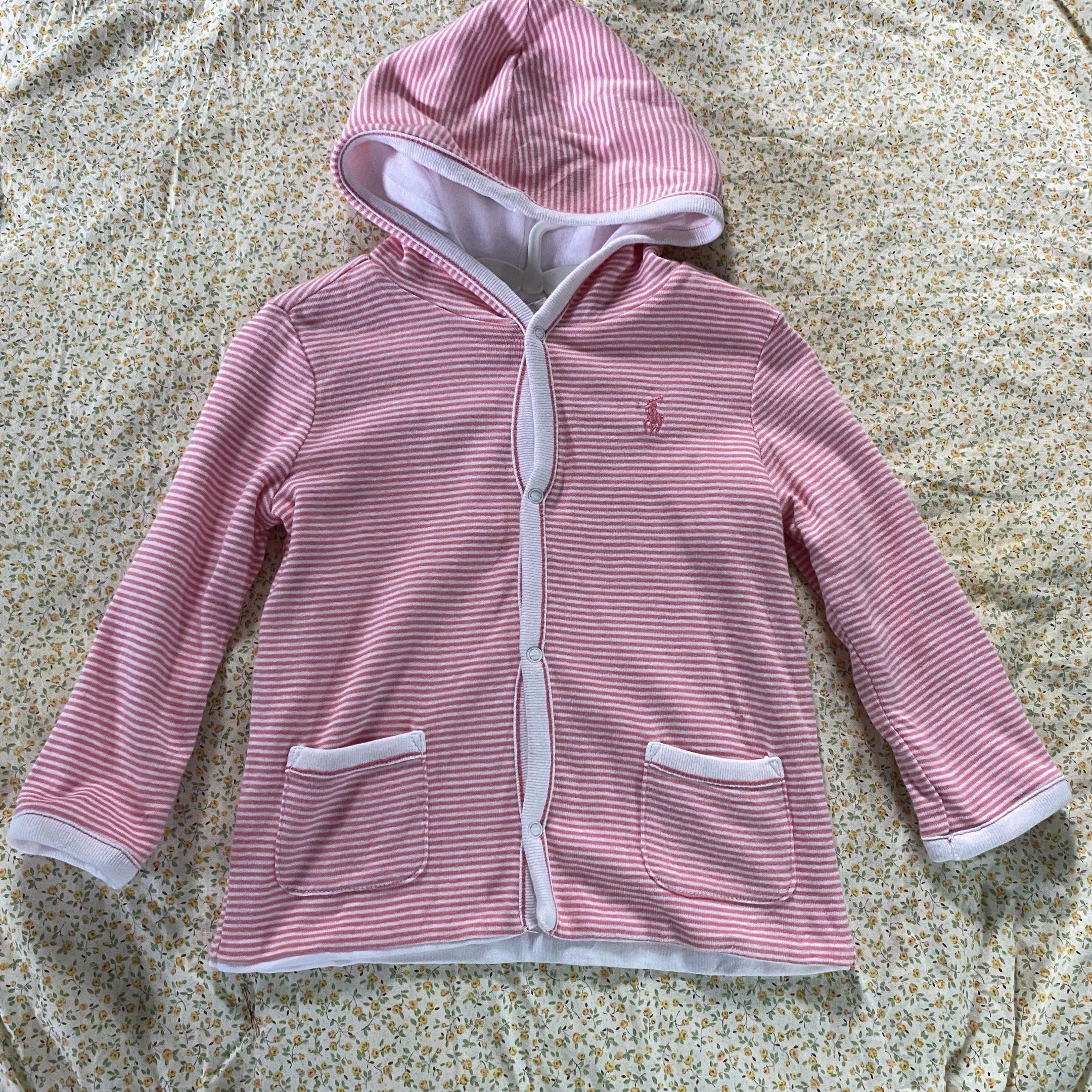 Ralph Lauren Striped Hooded Jacket (Category: Babies & Kids Fashion) located in Taguig. Submitted by askgue (Listing ID 1417011077, Image 1). Description: - Ralph Lauren hooded jacket - Pink and white striped design - Button-up front - Two front pockets - Hooded - White trim - Small logo on chest - Reversible with white interior.