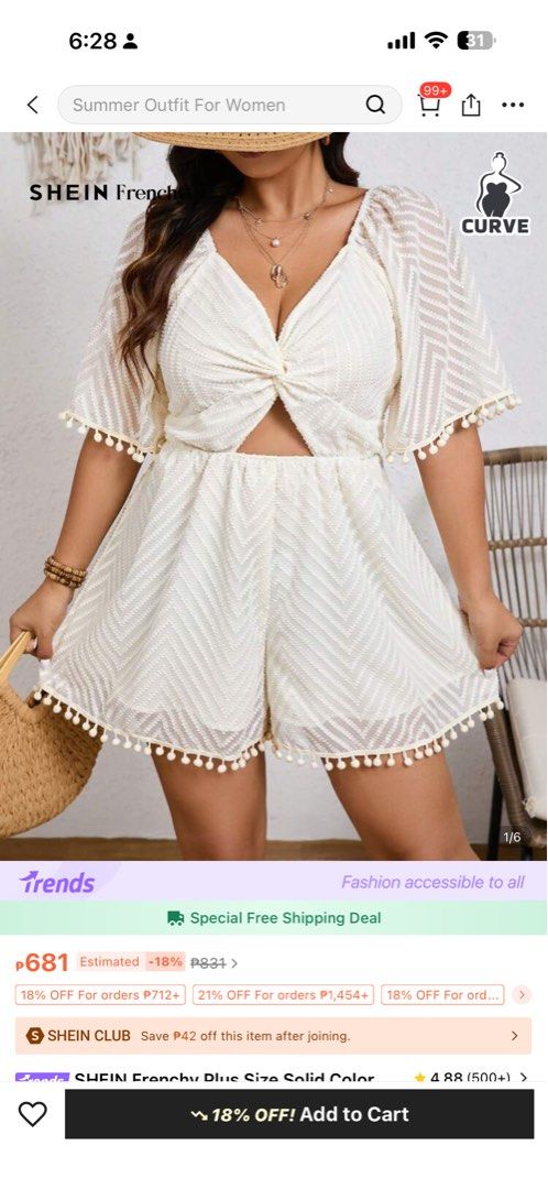 SHEIN Frenchy Plus Size Romper 2XL (Category: Rompers) located in Quezon City. Submitted by marchelasfabfinds (Listing ID 1416963096, Image 1). Description: - SHEIN Frenchy Plus Size Romper - Stylish cut-out design - Adorable pom-pom details - Made with textured fabric - Comfortable and perfect for summer.