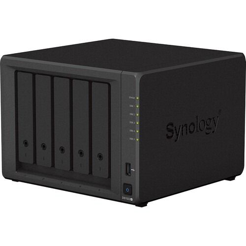 Synology DS1522+ 5-Bay NAS Server (Category: Office & Business Technology) located in Quezon City. Submitted by acetechph (Listing ID 1416981813, Image 3). Description: Synology DS1522+ is a 5-bay NAS server. It features five drive bays, a USB port, and multiple LAN ports. The back panel includes eSATA ports and a DC-in port. The front panel has status indicators and a power button. The model name DS1522+ is visible on the front..