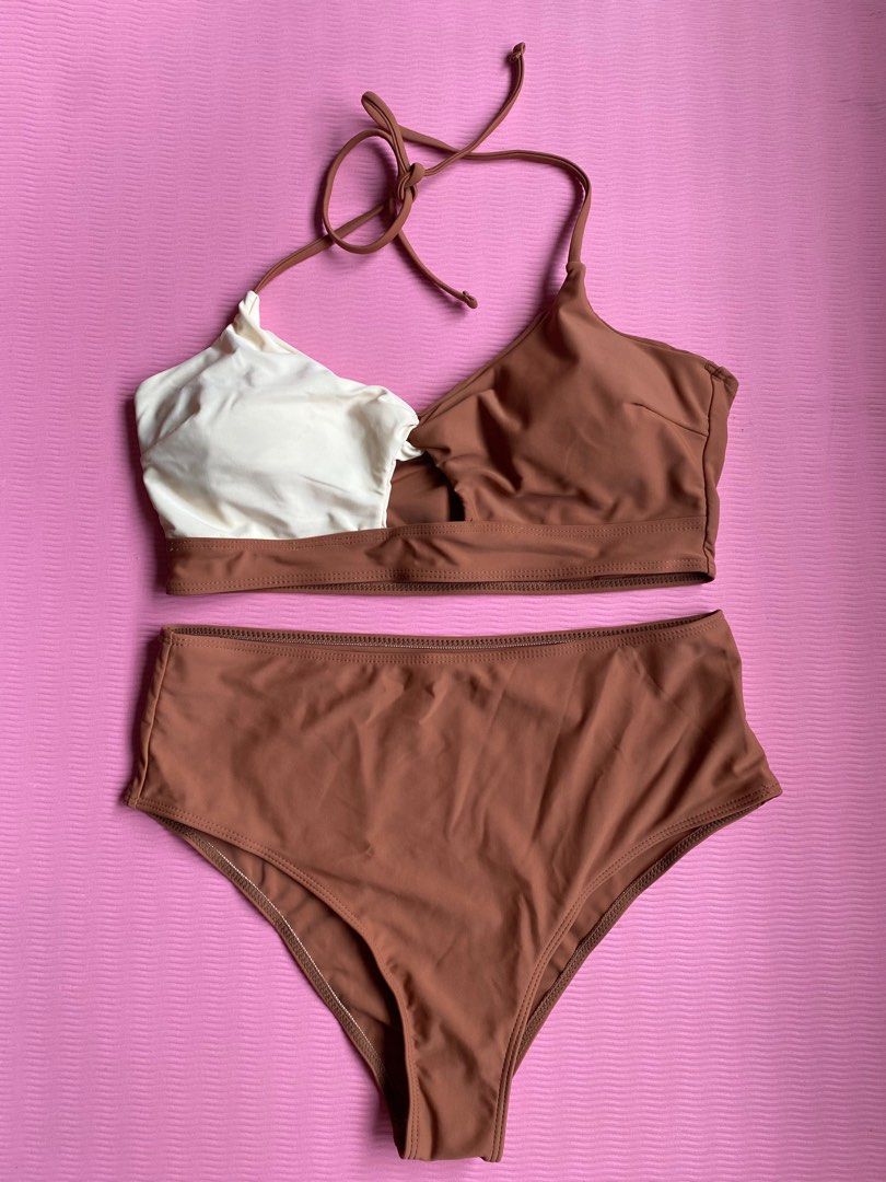 BRAND NEW Two-Piece Halter Bikini - Size L (Category: Bikinis & Swimsuits) located in Quezon City. Submitted by prelovedplusnew (Listing ID 1416897798, Image 1). Description: - Two-piece bikini set - Size: L - Top: Halter style with color-block design (brown & cream) - Bottoms: High-waisted, solid brown - Removable padding ACTUAL PHOTOS ARE POSTED :).