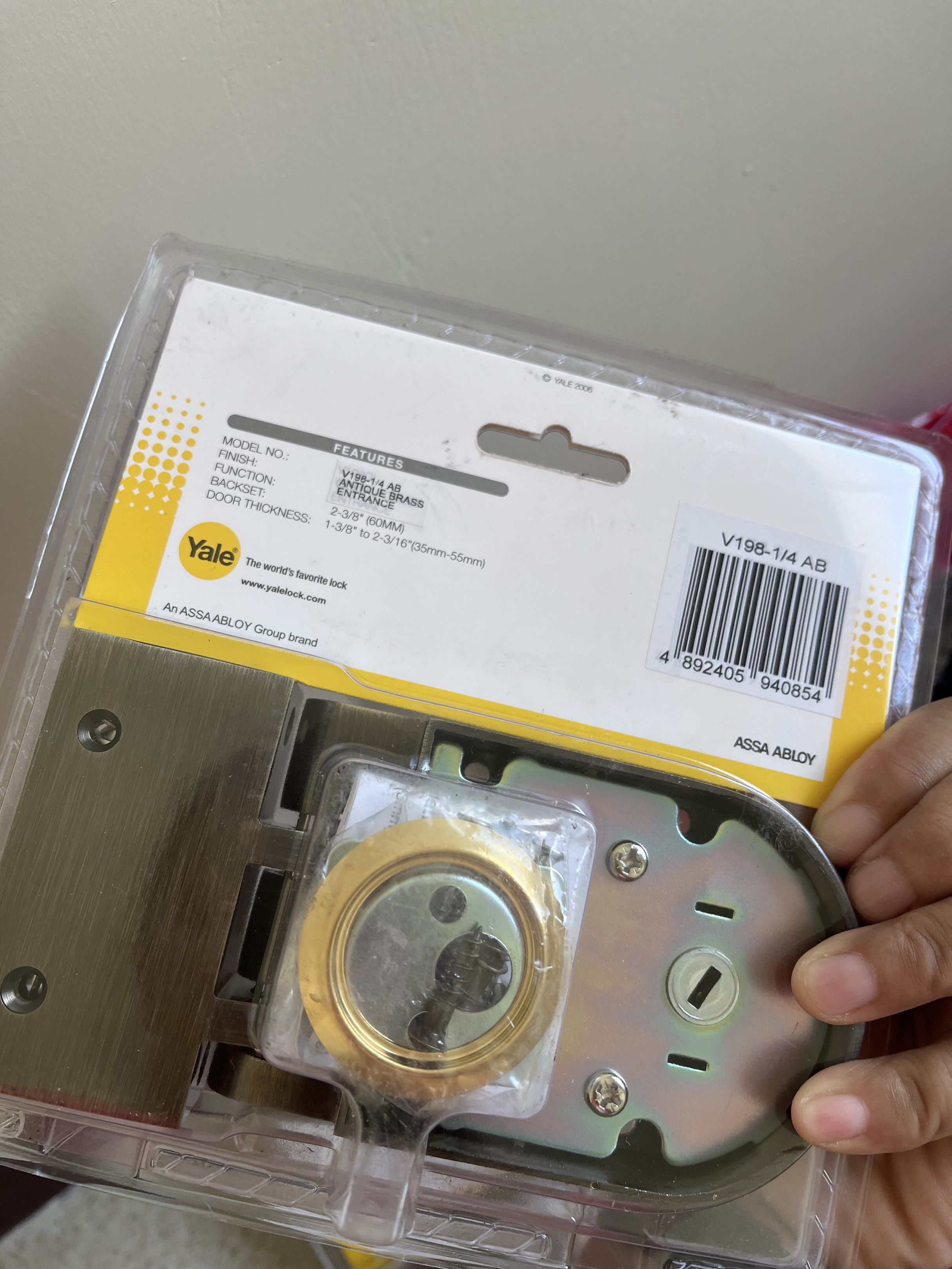 Yale V198-1/4 AB Rim Lock (Category: Locks, Doors & Gates) located in Butuan. Submitted by itik8891 (Listing ID 1417017811, Image 2). Description: Yale rim lock, model V198-1/4 AB. Features antique brass finish. Backset is 2-3/8" or 60.5mm. Includes lock mechanism, keys, and mounting hardware. Suitable for hinged doors and sliding main doors. The lock is new and in its original packaging. I have 3 items available.
