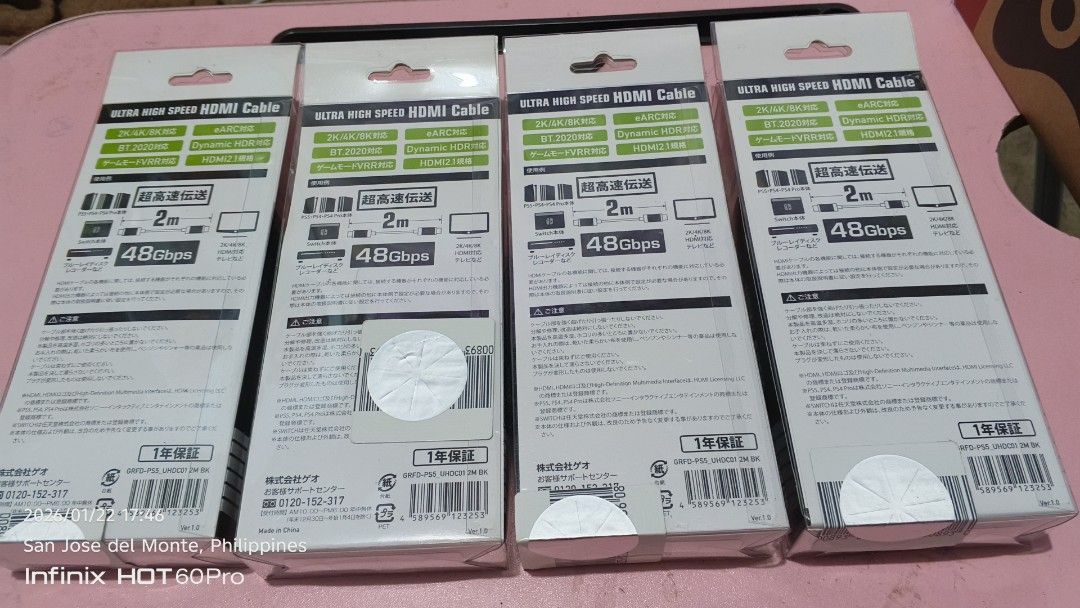 8k HDMI Cable for PC and Game Consoles (Category: Cables & Chargers) located in San Jose del Monte. Submitted by hacknburn (Listing ID 1417126848, Image 2). Description: considered brand new, opened only to check for damage and testing but not used 4 pcs. available DM for those who is interested, thanks pickup or shipping through lalamove and j and t MOP: cash and gcash, maya,gotyme and maribank.